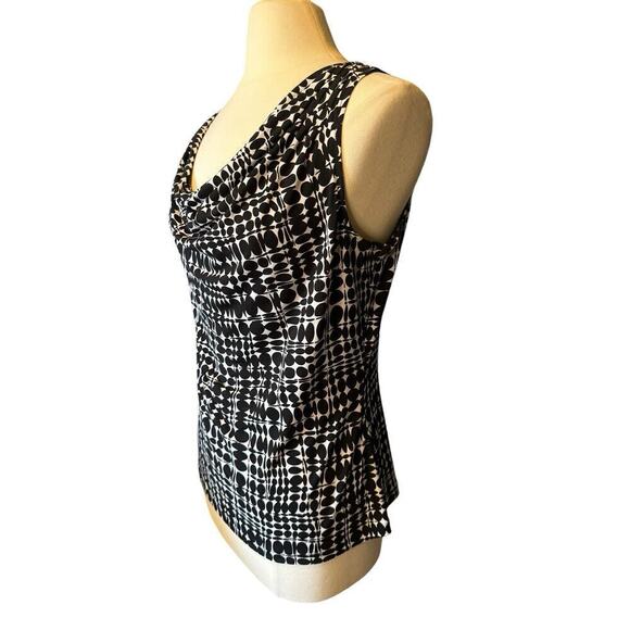 Calvin Klein Scoop Neck Large Sleeveless Blouse Black White Geometric Drape Neck - Picture 2 of 6